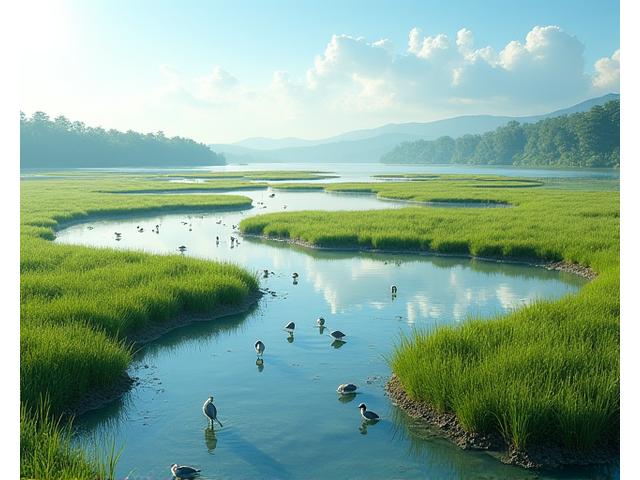 渡り鳥が飛来し、水質が浄化されている豊かな河口域の湿地と干潟の再生プロジェクトの様子