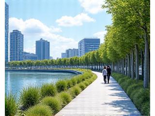 都市部に設計された、人々が水辺に安全に近づける親水空間の鳥瞰図