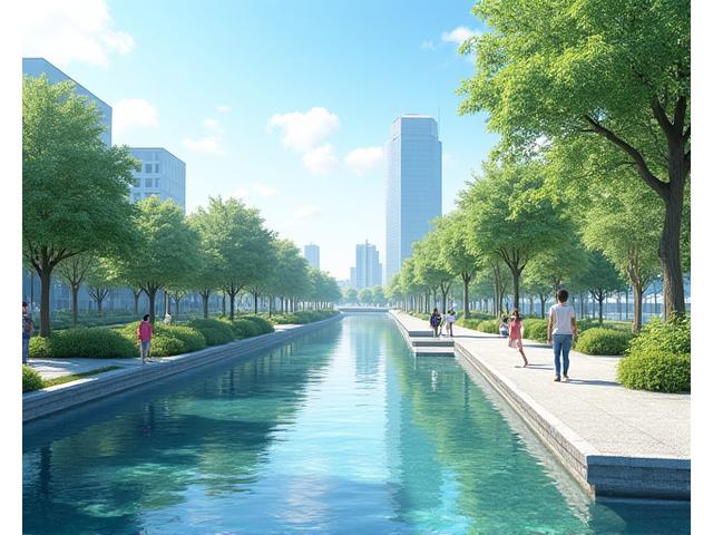 都市部に設計された、人々が水辺に安全に近づける親水空間の鳥瞰図