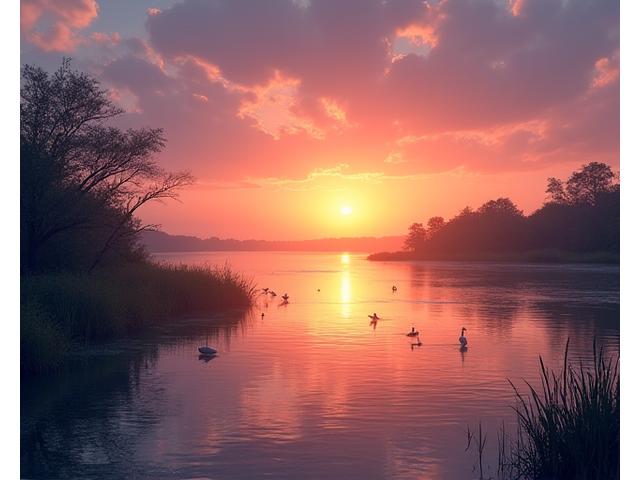河口域の夕日と鳥