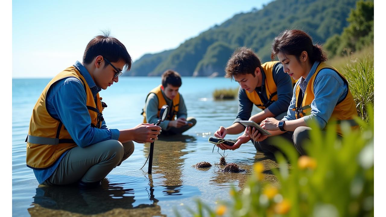 海岸で環境調査を行う海洋生物学者たち