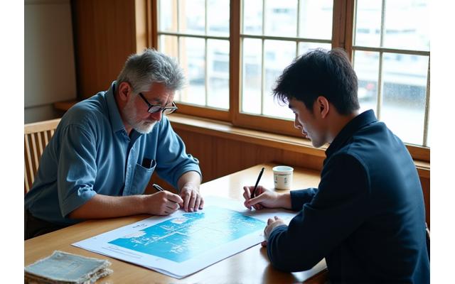 漁師と専門家が人工リーフ計画について話し合っている様子