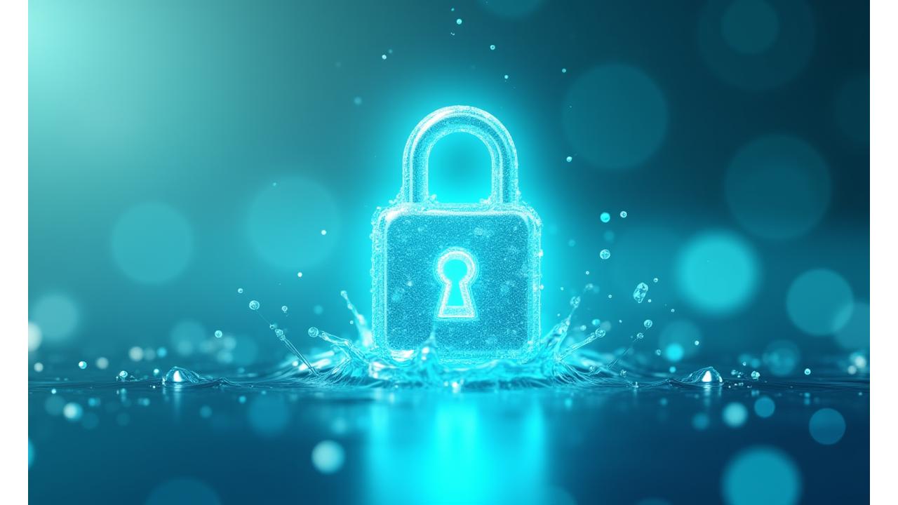 データの安全性を象徴するデジタルロックと水の流れのイメージ
