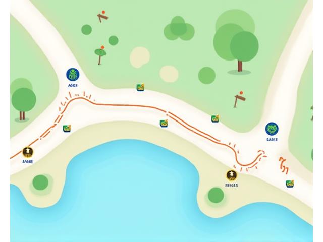 安全設備がアイコンで示された水辺の公園の平面図