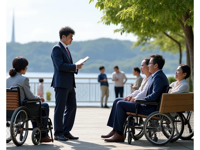 水辺の公園で高齢者や障害者と対話するデザイナー