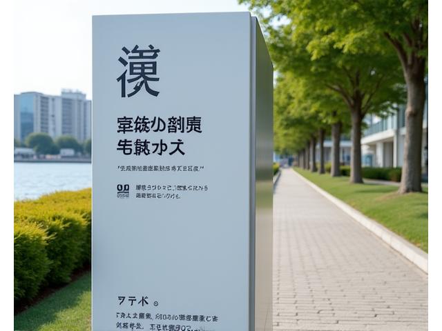 水辺の案内に設置された点字ブロックと大きな文字の案内板