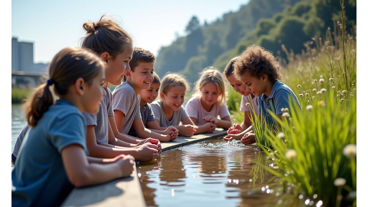 ウォーターフロントの解説板を囲んで、子供たちが海洋生物について学ぶ教育プログラムの様子。