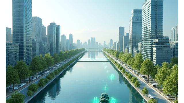 都市のクリーンなエネルギーネットワークを示すホログラムと、排気ガスがない近未来的なウォーターフロント。