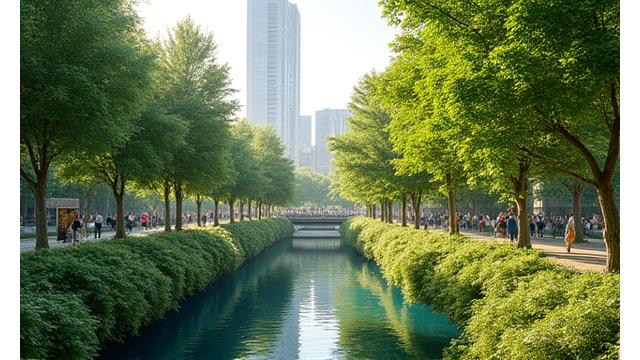 都市のウォーターフロントに造成された広大な緑地空間。多様な植物が植えられ、小さな池や小川が流れている。