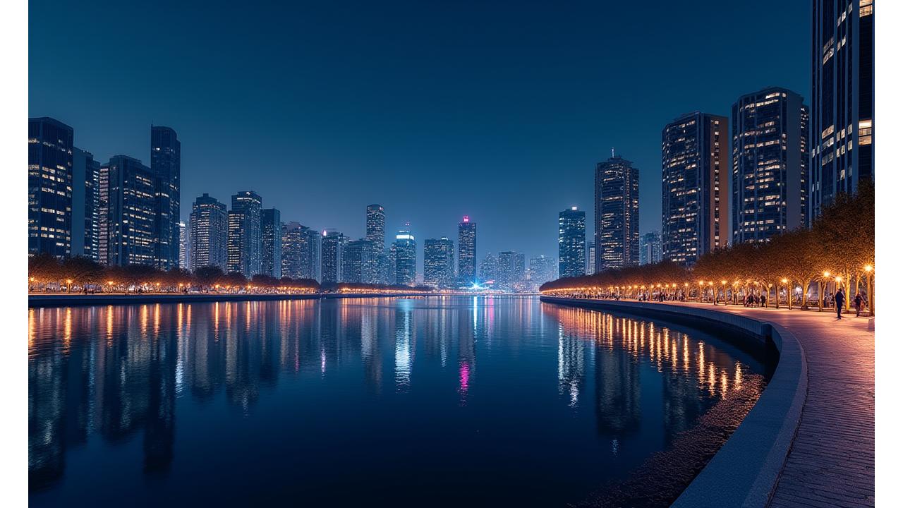 現代的な都市のウォーターフロントの夜景。ライトアップされた高層ビルが水面に映り、人々が散歩している。